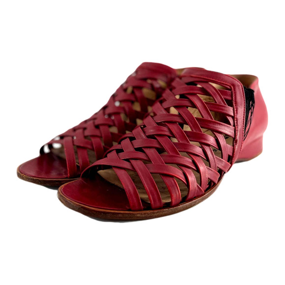 giraudon Shoes - Giraudon New York Red Woven Leather Slip On Peep Toe Sandal European Size 38 EUC